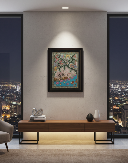 Handmade Madhubani Painting – Tree of Life with Deer, Fish & Lotus (Framed Artwork)