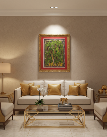 Handmade Madhubani Painting of Banana Trees – Traditional Indian Folk Art (Framed)