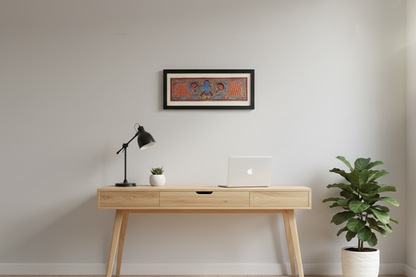 Handmade Madhubani Painting of Lord Krishna with Cows – Traditional Indian Folk Art (Framed Wall Decor)