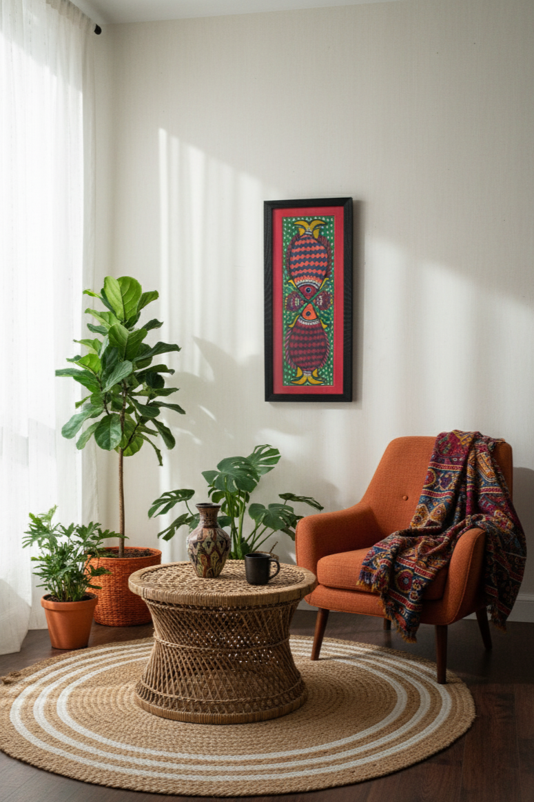 Handpainted Madhubani Fish Art – Traditional Mithila Painting on Paper | Framed Wall Décor by Suchitra Hastkala