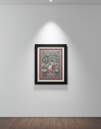 Handmade Madhubani Painting of Lord Buddha Under Bodhi Tree – Traditional Indian Folk Art