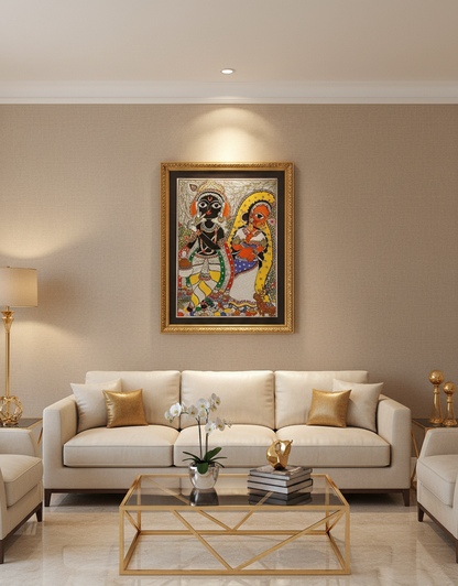 Handmade Madhubani Painting – Krishna with Radha (Traditional Indian Folk Art, Framed Wall Décor)