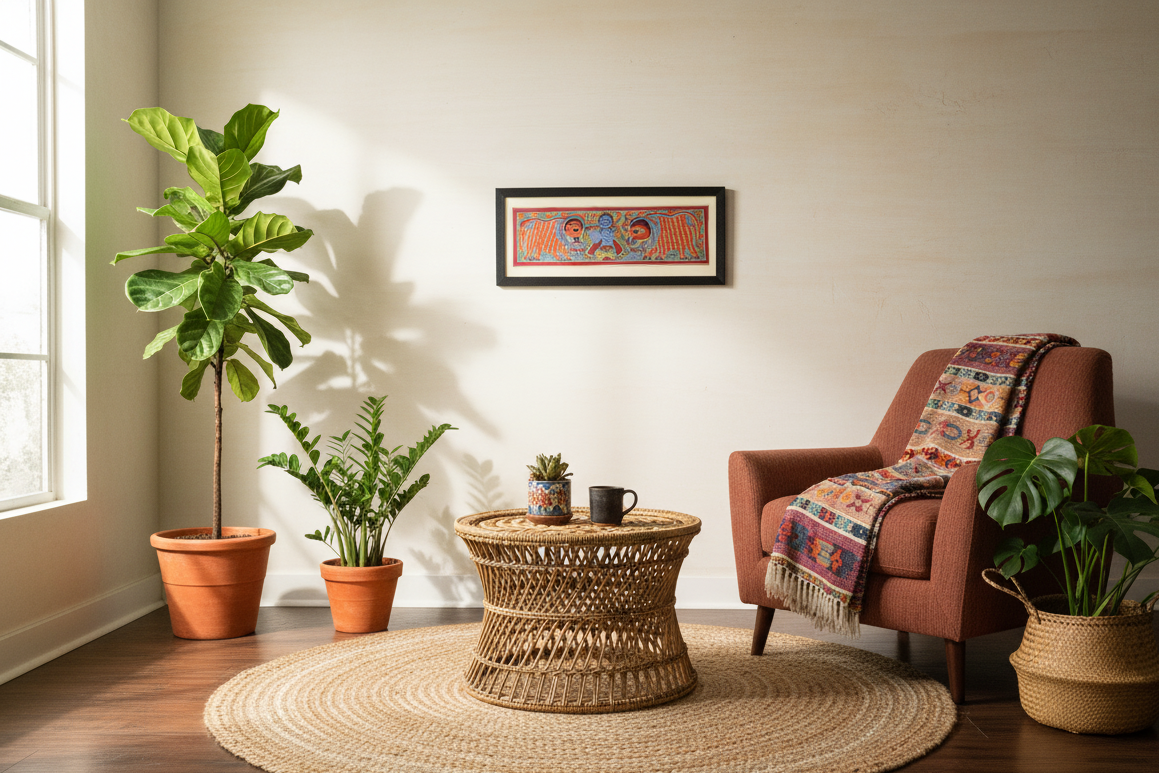 Handmade Madhubani Painting of Lord Krishna with Cows – Traditional Indian Folk Art (Framed Wall Decor)