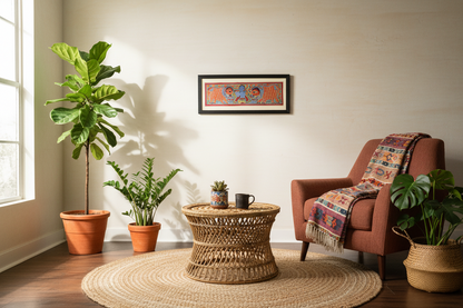 Handmade Madhubani Painting of Lord Krishna with Cows – Traditional Indian Folk Art (Framed Wall Decor)