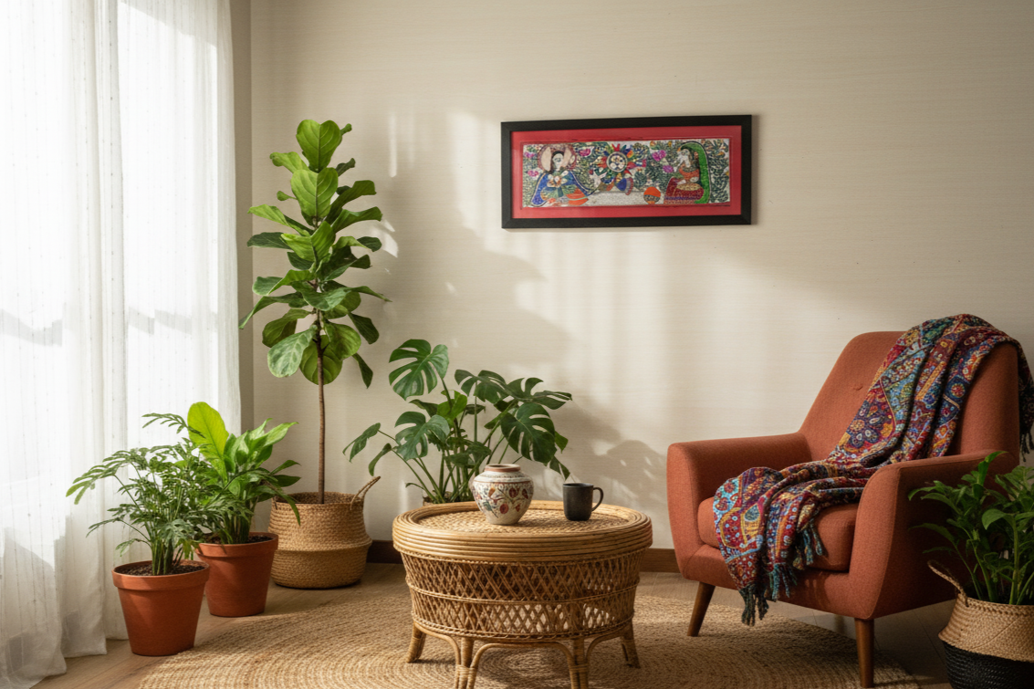 Handmade Madhubani Painting of Divine Figures and Sun Motif | Traditional Indian Folk Art by Suchitra Hastkala