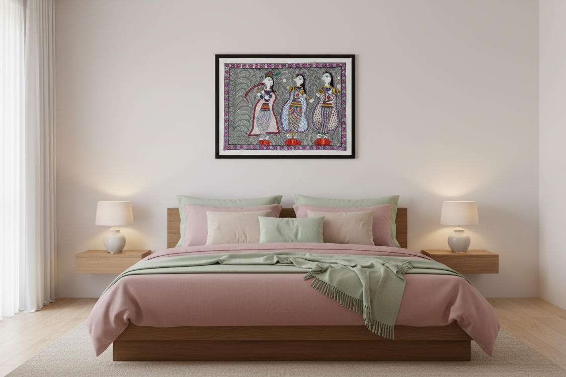 Handmade Madhubani Painting – Lord Krishna with Gopis | Traditional Indian Folk Art | Suchitra Hastkala