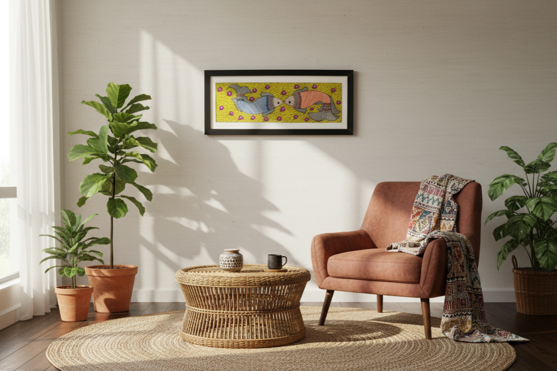 Handmade Madhubani Fish Painting – Symbol of Harmony & Prosperity | Framed Wall Art by Suchitra Hastkala