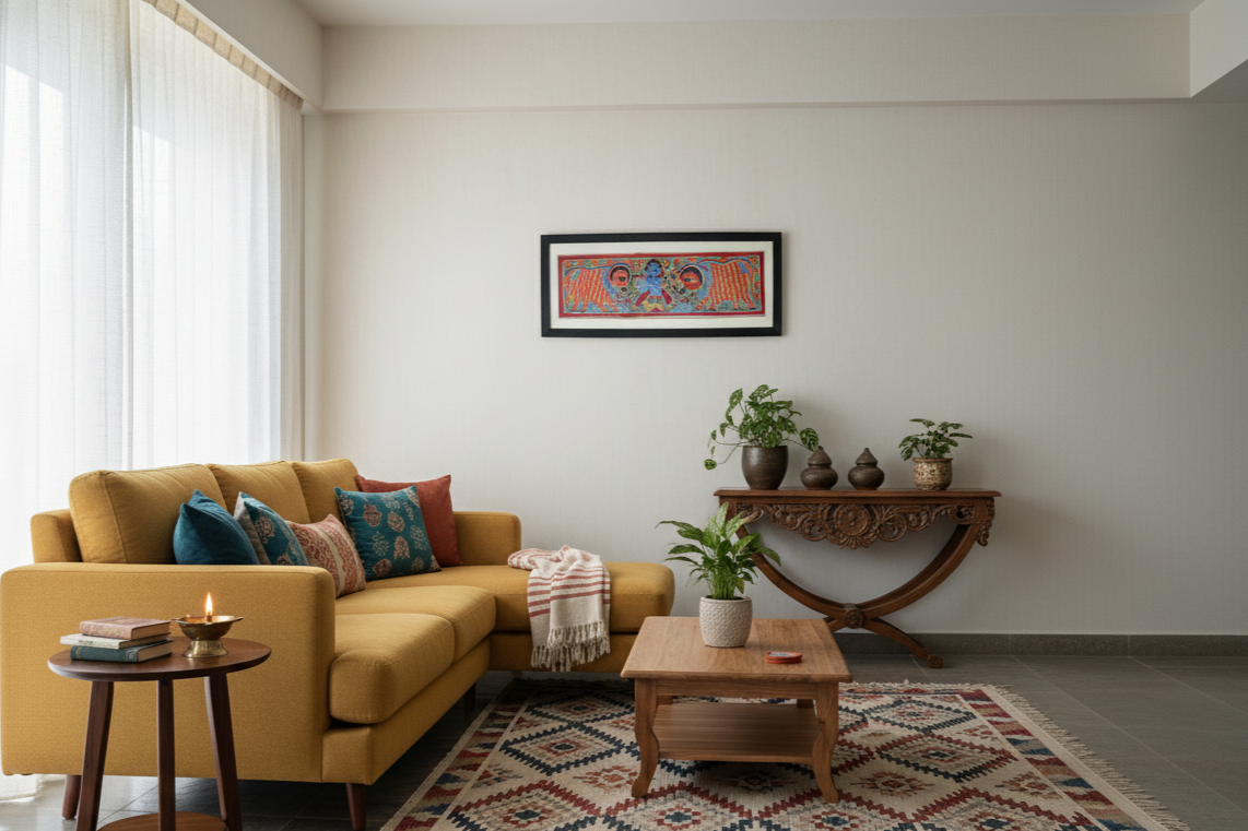 Handmade Madhubani Painting of Lord Krishna with Cows – Traditional Indian Folk Art (Framed Wall Decor)