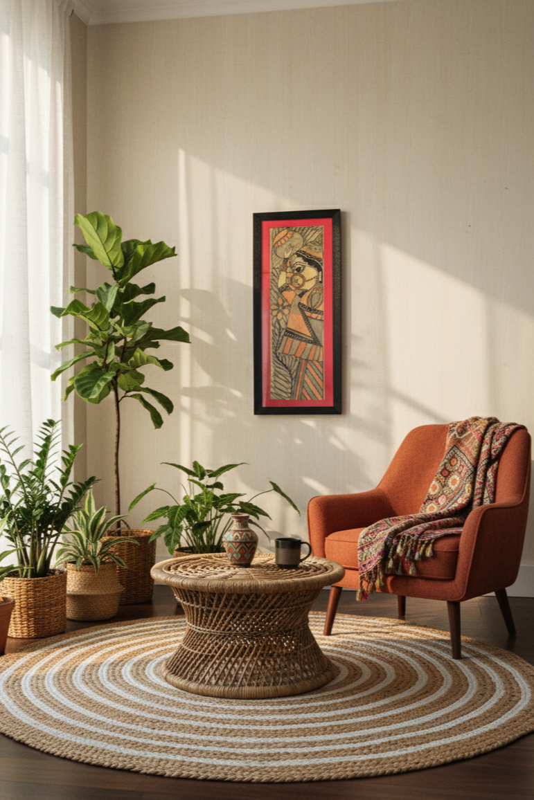 Handcrafted Madhubani Painting of Indian Woman with Pot – Traditional Folk Art Wall Frame | Suchitra Hastkala