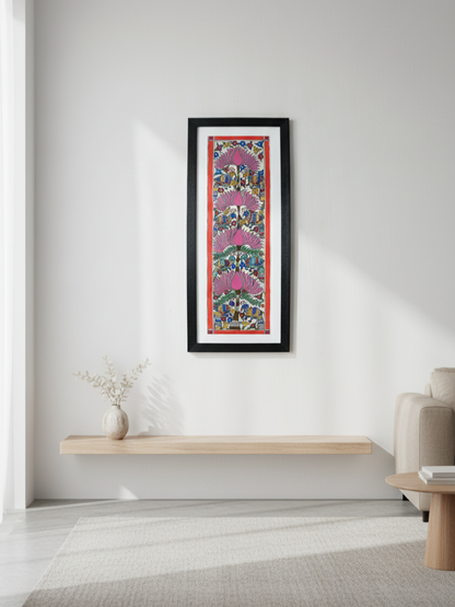 Handmade Madhubani Painting of Birds and Lotus | Traditional Indian Folk Art | Framed Wall Décor