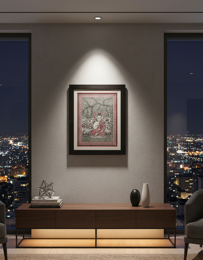 Handmade Madhubani Painting of Lord Buddha Under Bodhi Tree – Traditional Indian Folk Art