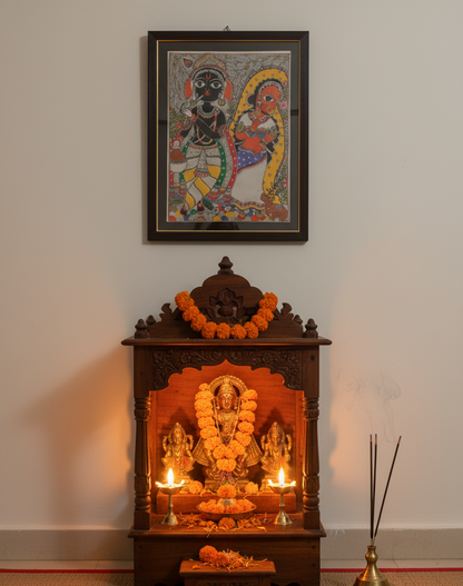 Handmade Madhubani Painting – Krishna with Radha (Traditional Indian Folk Art, Framed Wall Décor)