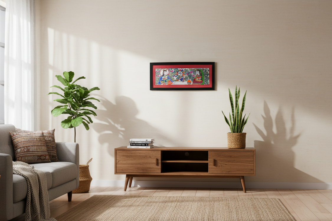 Handmade Madhubani Painting of Divine Figures and Sun Motif | Traditional Indian Folk Art by Suchitra Hastkala