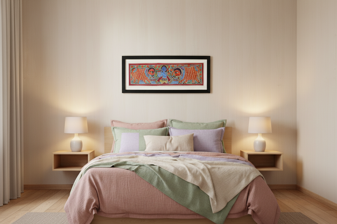 Handmade Madhubani Painting of Lord Krishna with Cows – Traditional Indian Folk Art (Framed Wall Decor)