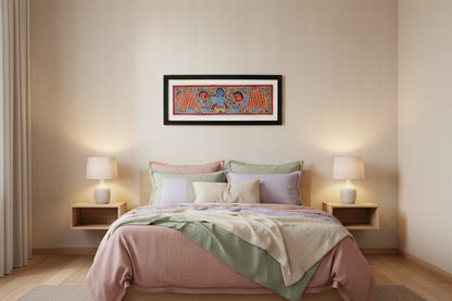 Handmade Madhubani Painting of Lord Krishna with Cows – Traditional Indian Folk Art (Framed Wall Decor)