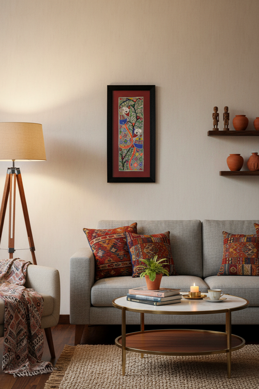 Handmade Madhubani Peacock Painting – Traditional Folk Art in Vibrant Colors | Framed Wall Décor by Suchitra Hastkala