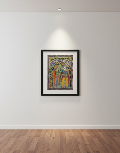 Handmade Madhubani Painting of Radha Krishna with Peacocks – Traditional Indian Folk Art Wall Décor