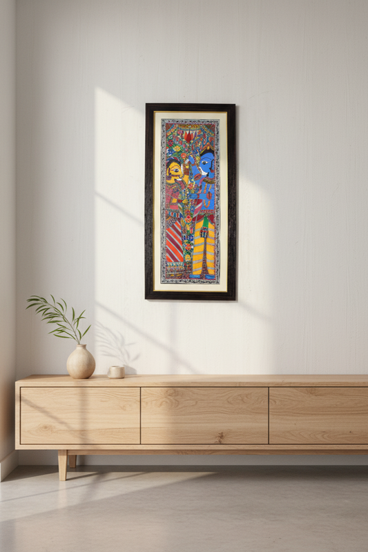 Handmade Madhubani Painting of Radha Krishna | Traditional Mithila Art on Handmade Paper | Suchitra Hastkala