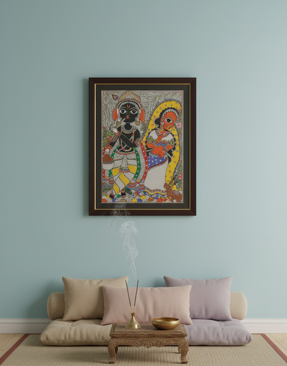 Handmade Madhubani Painting – Krishna with Radha (Traditional Indian Folk Art, Framed Wall Décor)
