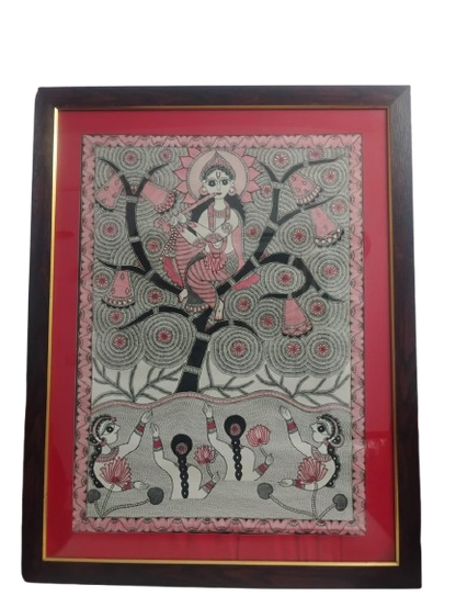 Handmade Madhubani Painting | Krishna Sitting On Kadamba Tree | Traditional Indian Folk Art (Framed) – Suchitra Hastkala