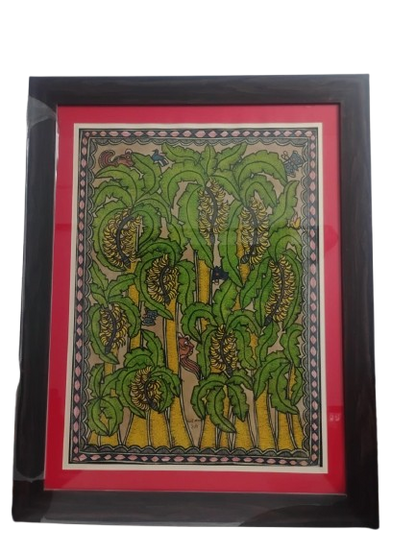 Handmade Madhubani Painting of Banana Trees – Traditional Indian Folk Art (Framed)