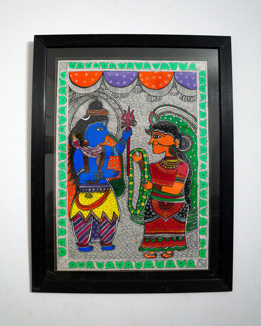 Handmade Madhubani Painting of Lord Shiva & Parvati – Traditional Indian Folk Art on Paper