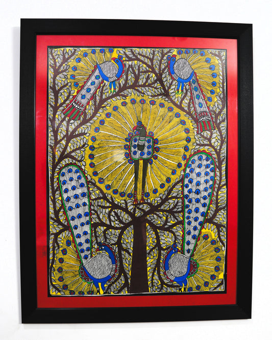 Handmade Madhubani Painting of Peacocks on Tree | Traditional Indian Folk Art