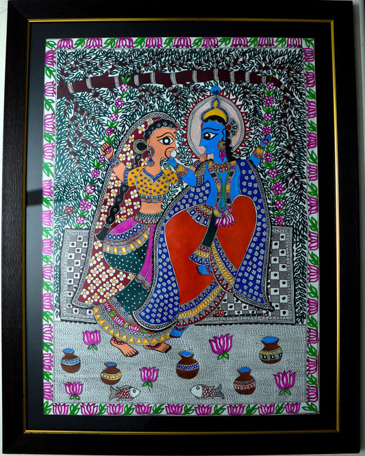 Madhubani Painting of Radha Krishna – Handcrafted Indian Folk Art on Handmade Paper