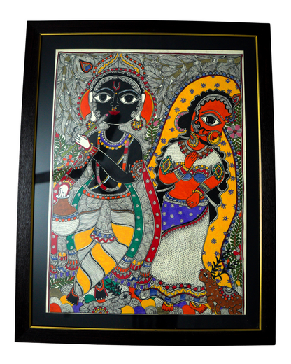 Handmade Madhubani Painting – Krishna with Radha (Traditional Indian Folk Art, Framed Wall Décor)