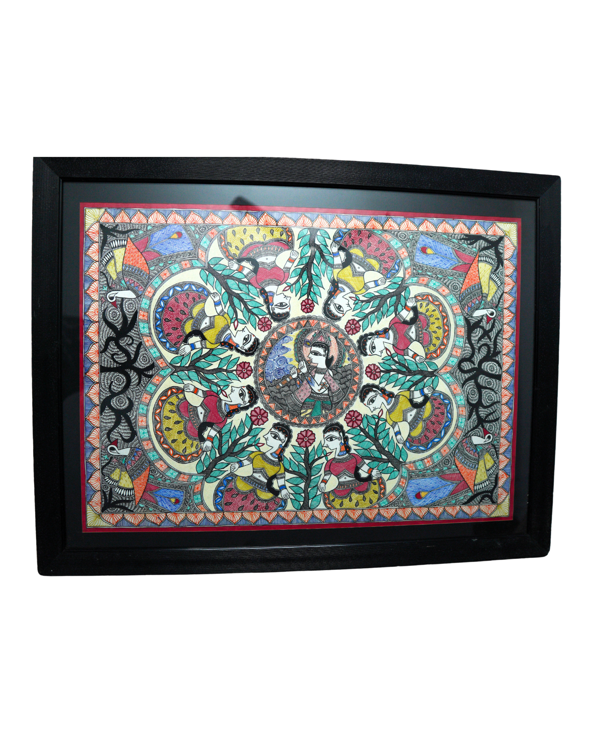 Handmade Madhubani Painting of Radha Krishna | Traditional Indian Folk Art Wall Decor | Framed Artwork