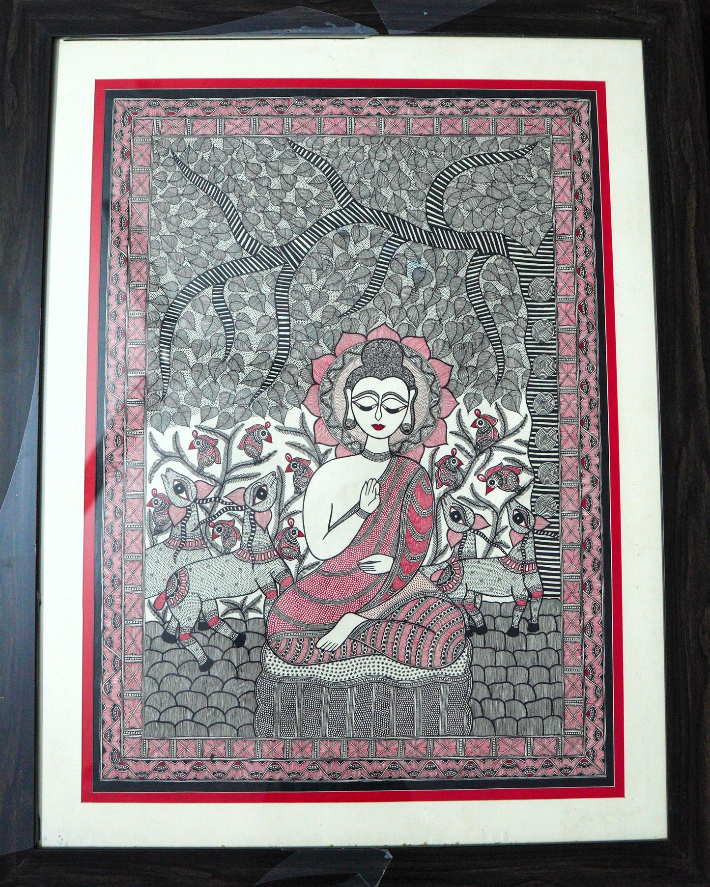 Handmade Madhubani Painting of Lord Buddha Under Bodhi Tree – Traditional Indian Folk Art