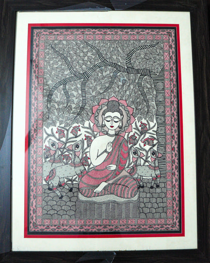 Handmade Madhubani Painting of Lord Buddha Under Bodhi Tree – Traditional Indian Folk Art