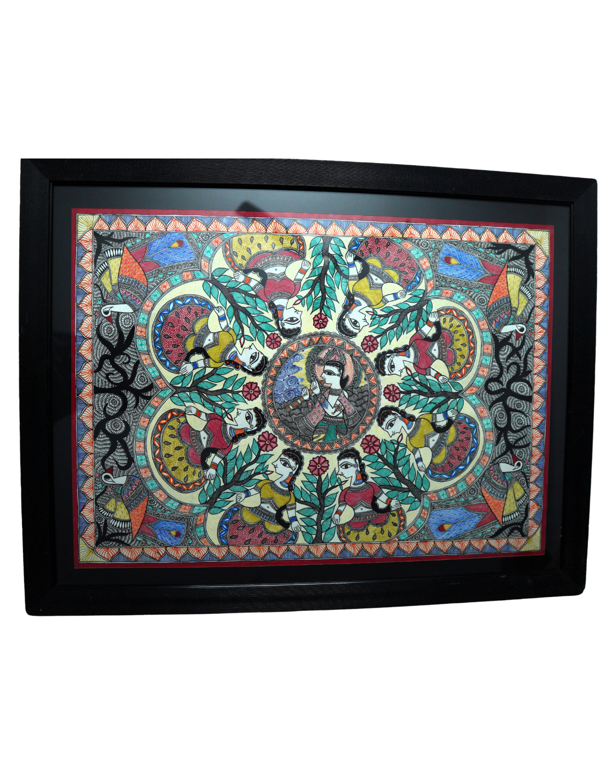 Handmade Madhubani Painting – Radha Krishna Theme | Traditional Indian Folk Art | Framed Wall Decor