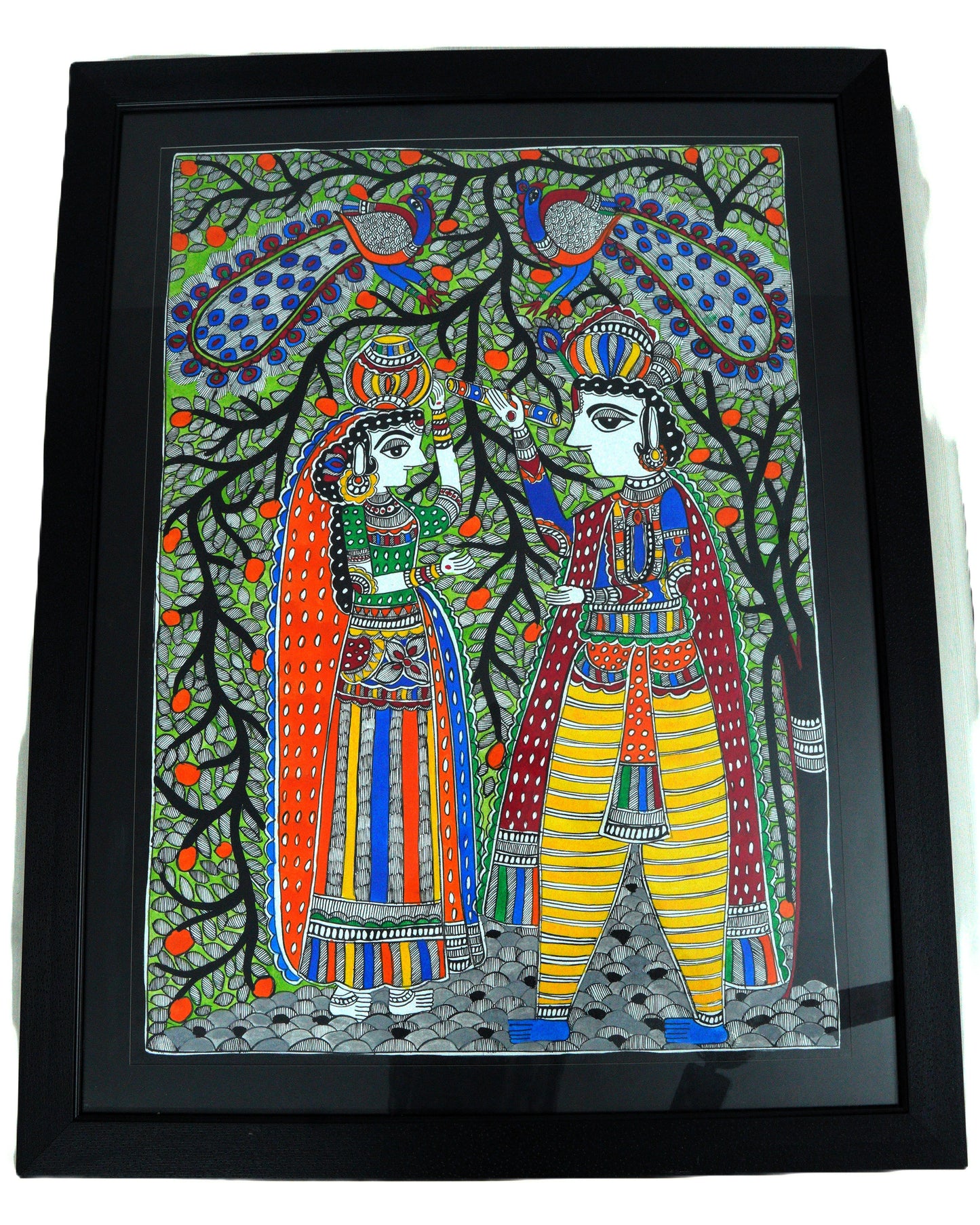 Handmade Madhubani Painting of Radha Krishna with Peacocks – Traditional Indian Folk Art Wall Décor