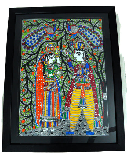 Handmade Madhubani Painting of Radha Krishna with Peacocks – Traditional Indian Folk Art Wall Décor