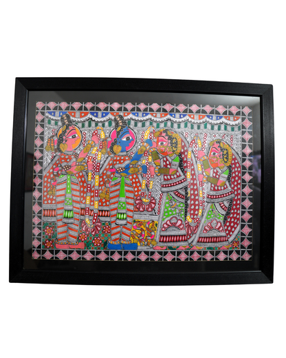 Handmade Madhubani Painting – Krishna with Gopis | Traditional Indian Folk Art Wall Décor
