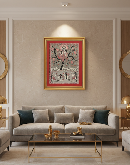 Handmade Madhubani Painting | Krishna Sitting On Kadamba Tree | Traditional Indian Folk Art (Framed) – Suchitra Hastkala