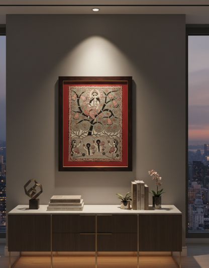 Handmade Madhubani Painting | Krishna Sitting On Kadamba Tree | Traditional Indian Folk Art (Framed) – Suchitra Hastkala