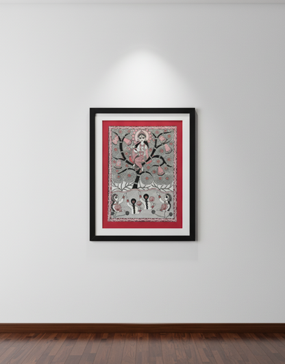 Handmade Madhubani Painting | Krishna Sitting On Kadamba Tree | Traditional Indian Folk Art (Framed) – Suchitra Hastkala