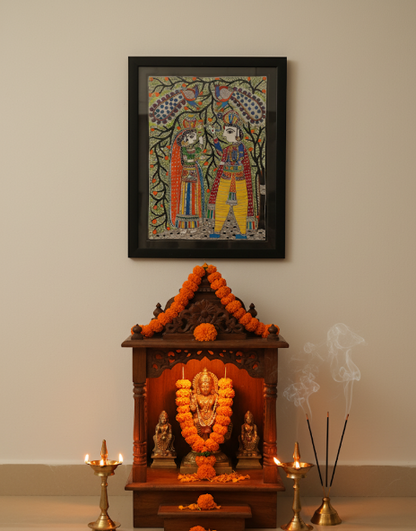 Handmade Madhubani Painting of Radha Krishna with Peacocks – Traditional Indian Folk Art Wall Décor